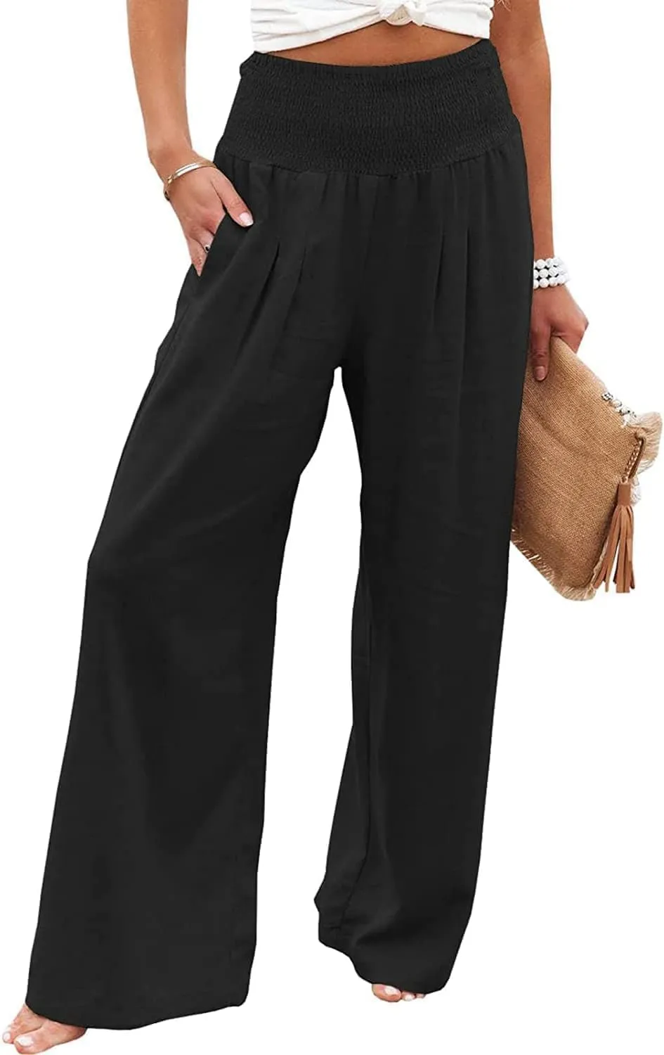 Linen Pants for Women Wide Leg Elastic High Waisted Palazzo Pants Lounge Yoga Trousers Beach Pants with Pockets