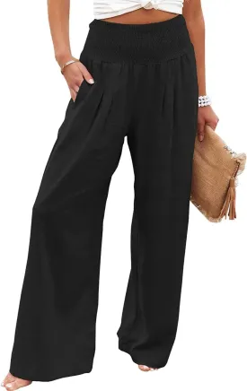 Linen Pants for Women Wide Leg Elastic High Waisted Palazzo Pants Lounge Yoga Trousers Beach Pants with Pockets