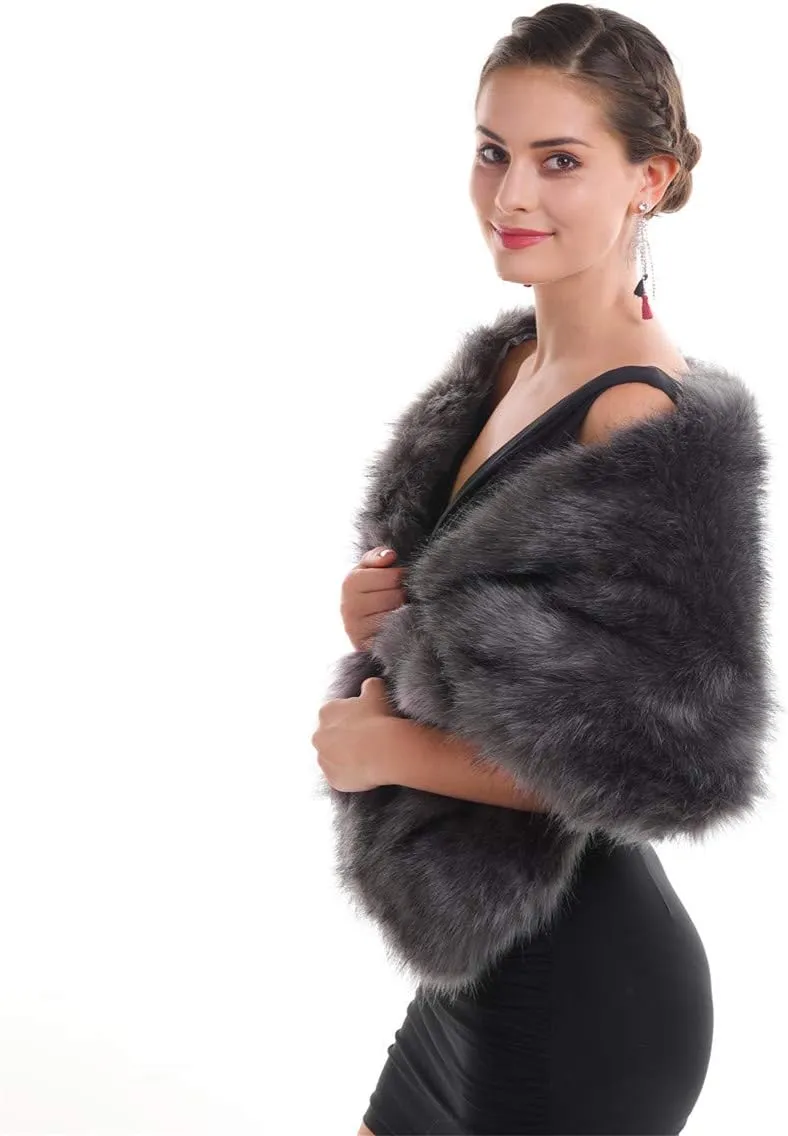Lucky Leaf Women Luxurious Large Winter Faux Fur Scarf Wrap Collar Shrug for Lady Poncho Wedding Dinner Party
