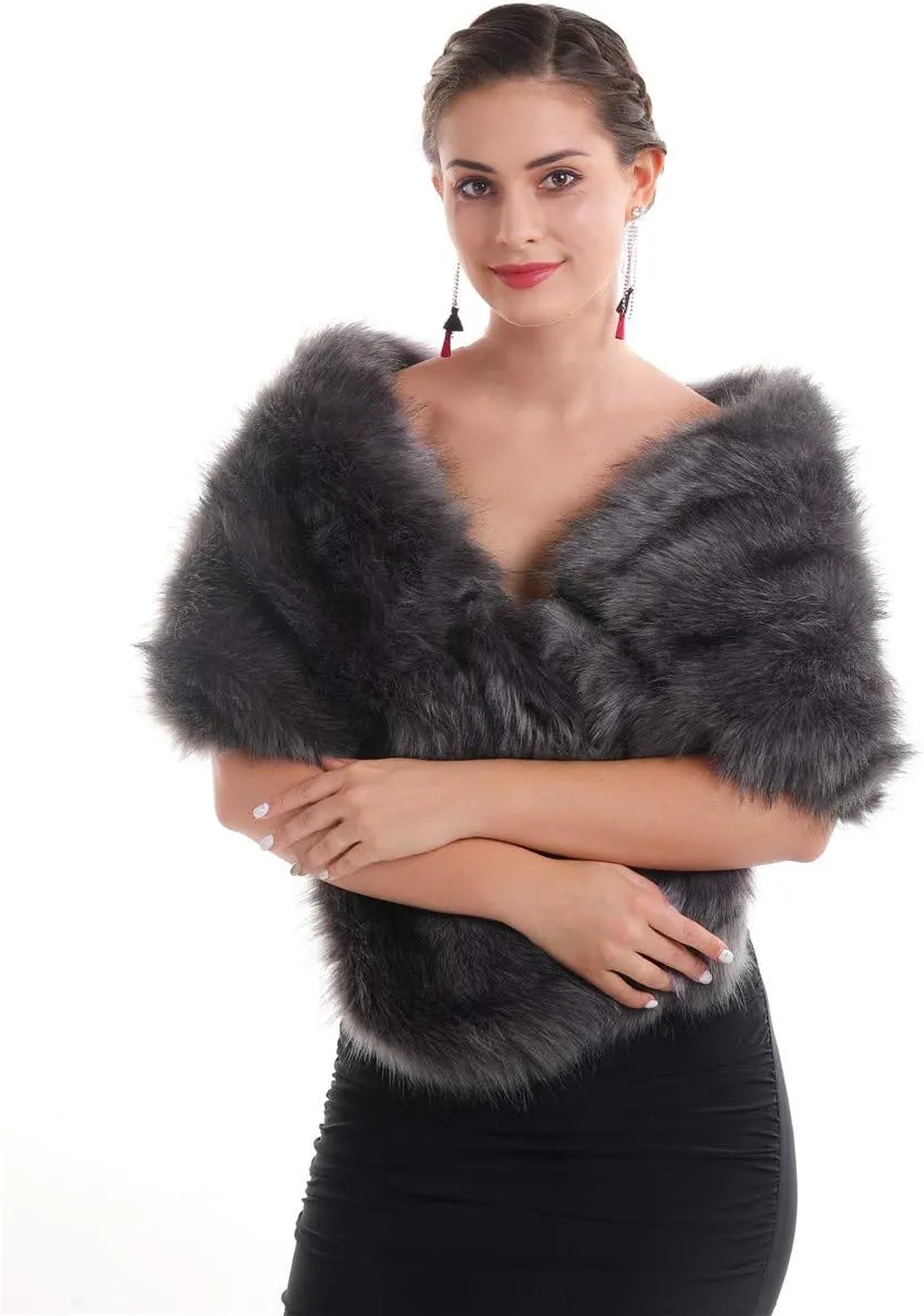Lucky Leaf Women Luxurious Large Winter Faux Fur Scarf Wrap Collar Shrug for Lady Poncho Wedding Dinner Party