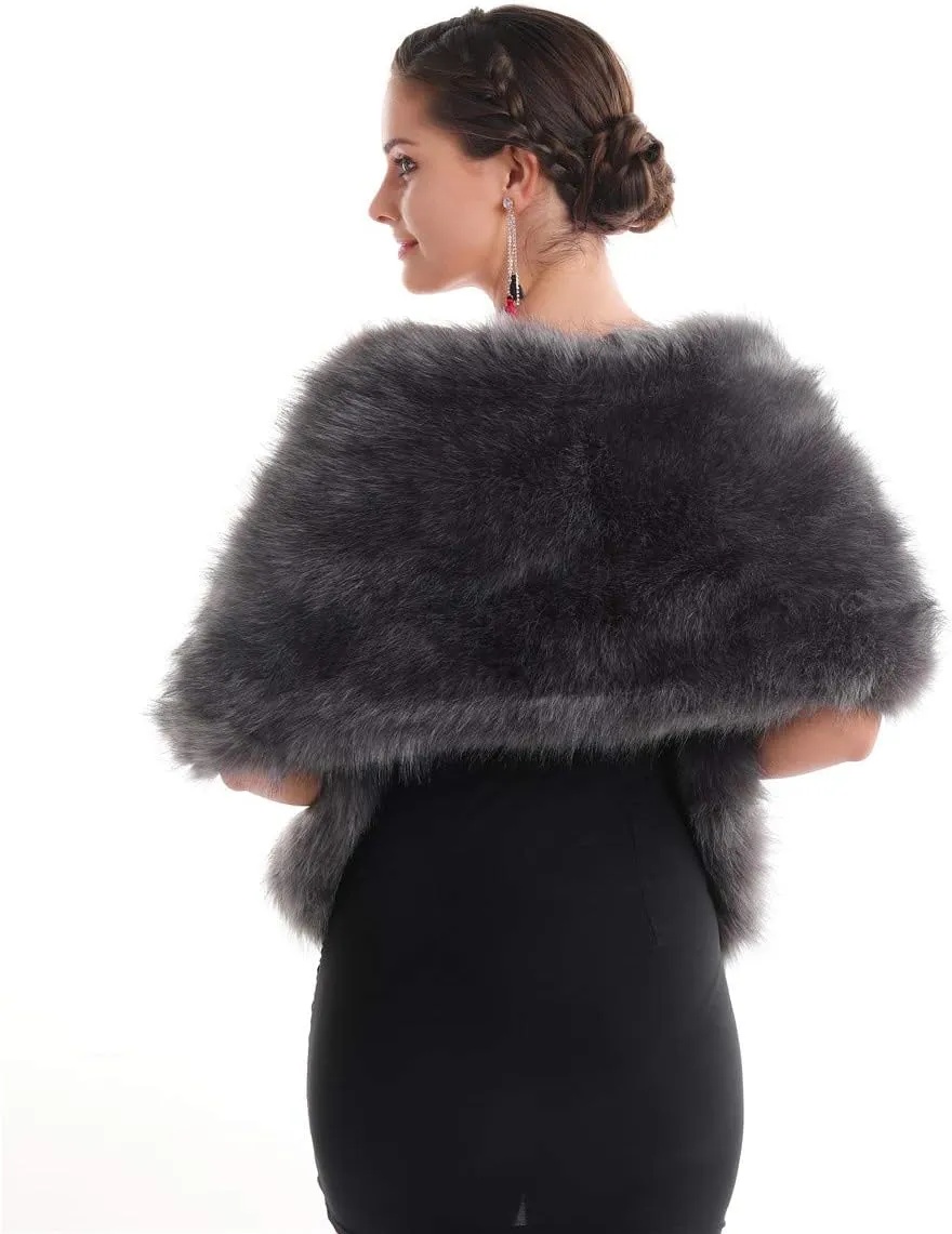 Lucky Leaf Women Luxurious Large Winter Faux Fur Scarf Wrap Collar Shrug for Lady Poncho Wedding Dinner Party