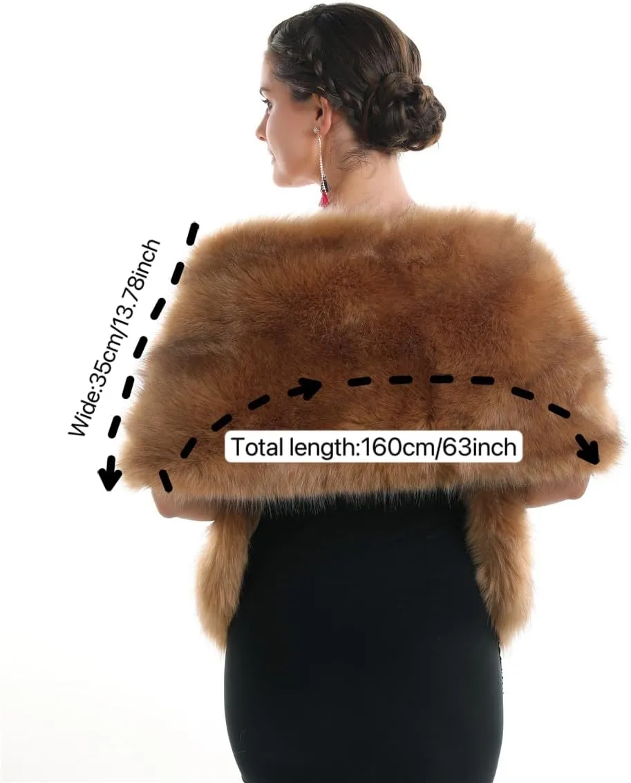 Lucky Leaf Women Luxurious Large Winter Faux Fur Scarf Wrap Collar Shrug for Lady Poncho Wedding Dinner Party