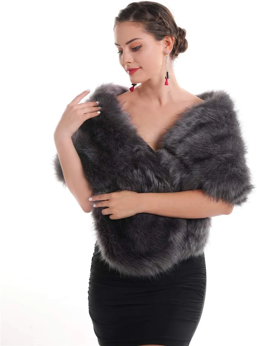 Lucky Leaf Women Luxurious Large Winter Faux Fur Scarf Wrap Collar Shrug for Lady Poncho Wedding Dinner Party