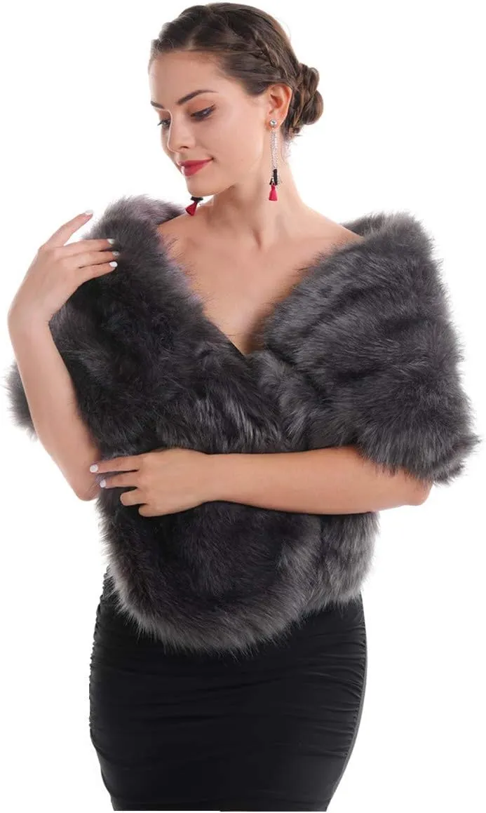 Lucky Leaf Women Luxurious Large Winter Faux Fur Scarf Wrap Collar Shrug for Lady Poncho Wedding Dinner Party