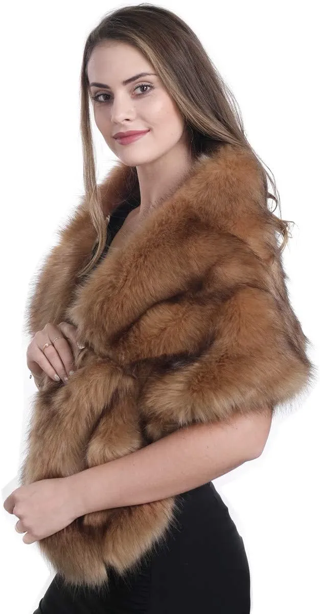 Lucky Leaf Women Luxurious Large Winter Faux Fur Scarf Wrap Collar Shrug for Lady Poncho Wedding Dinner Party
