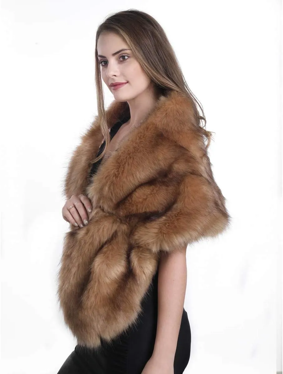 Lucky Leaf Women Luxurious Large Winter Faux Fur Scarf Wrap Collar Shrug for Lady Poncho Wedding Dinner Party