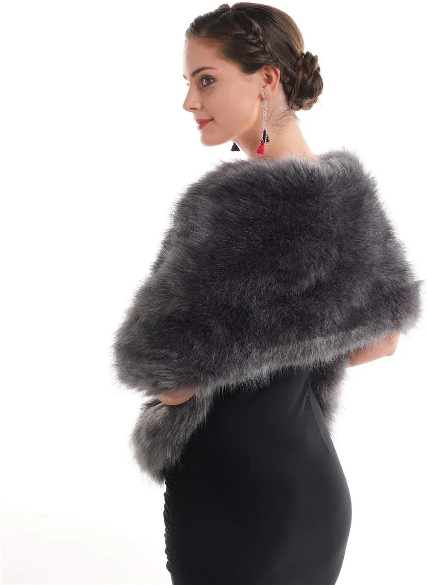 Lucky Leaf Women Luxurious Large Winter Faux Fur Scarf Wrap Collar Shrug for Lady Poncho Wedding Dinner Party