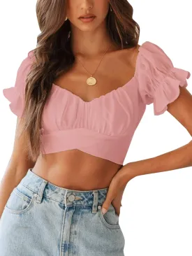 LYANER Women's Ruffle Short Sleeve Tie Up Back Crop Top Off Shoulder Bardot Blouse
