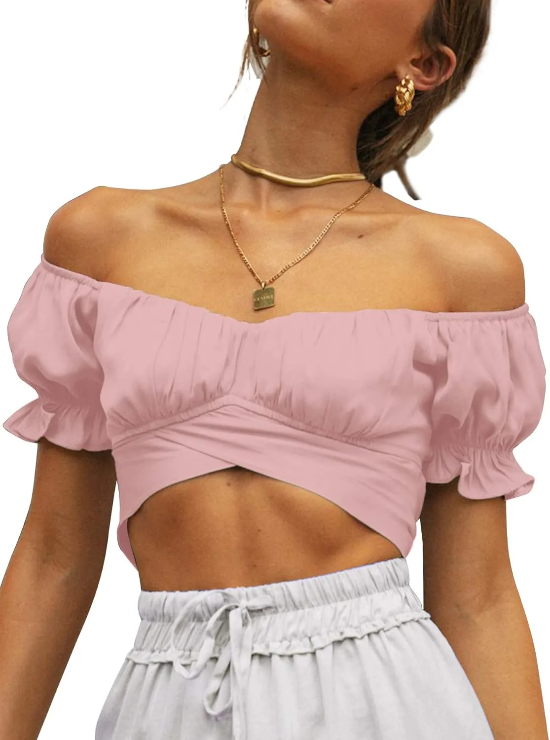 LYANER Women's Ruffle Short Sleeve Tie Up Back Crop Top Off Shoulder Bardot Blouse