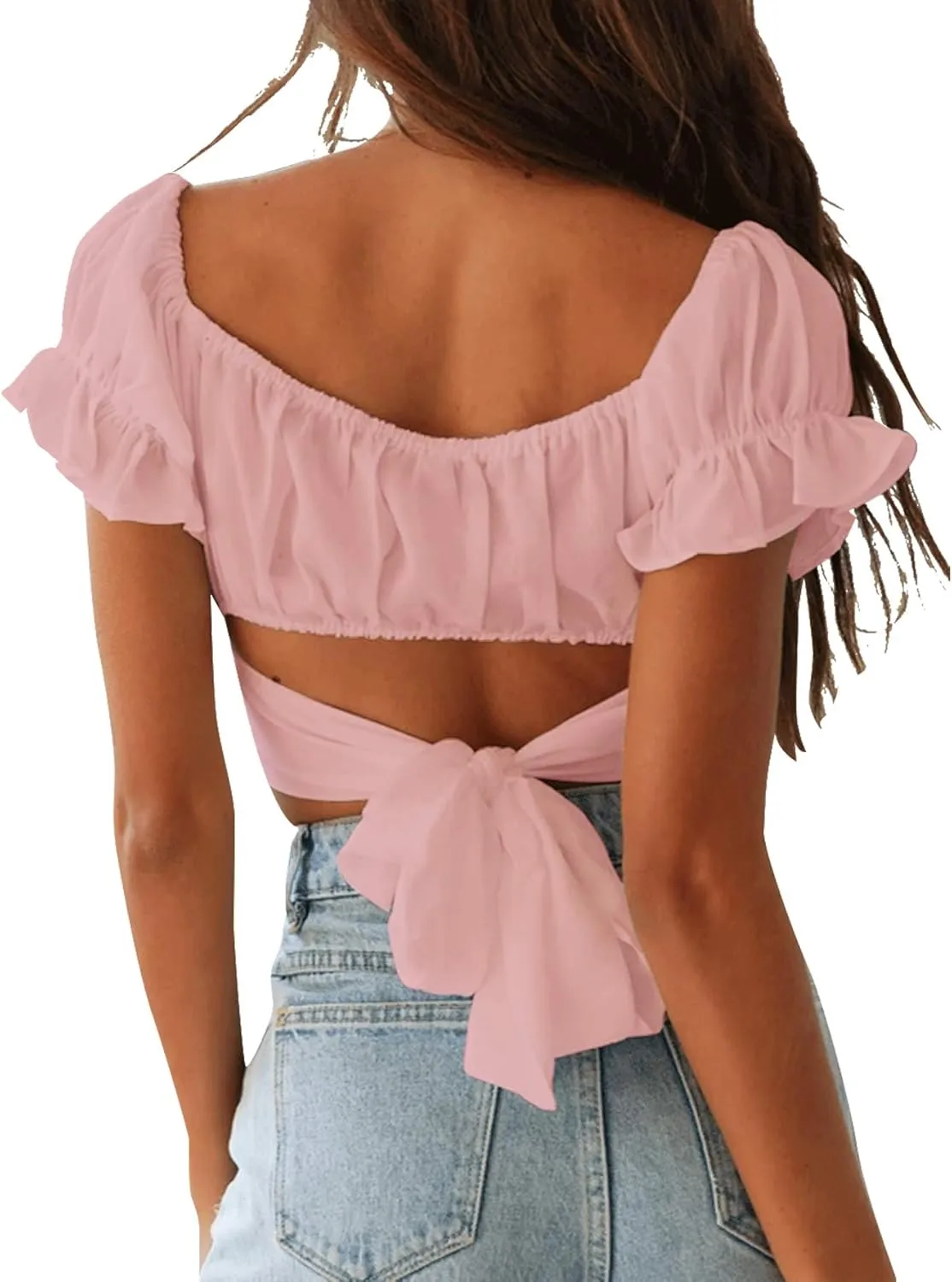 LYANER Women's Ruffle Short Sleeve Tie Up Back Crop Top Off Shoulder Bardot Blouse