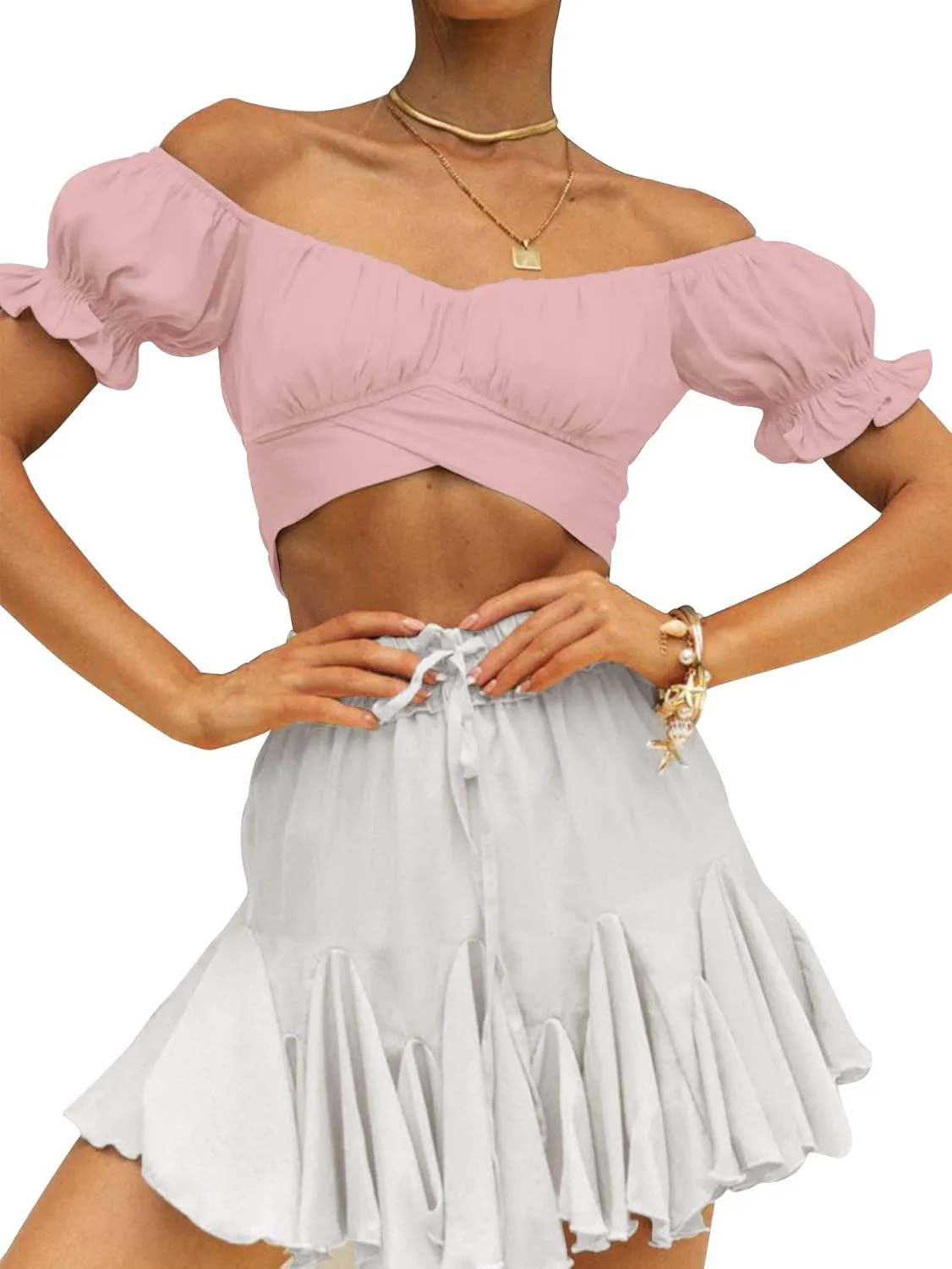 LYANER Women's Ruffle Short Sleeve Tie Up Back Crop Top Off Shoulder Bardot Blouse