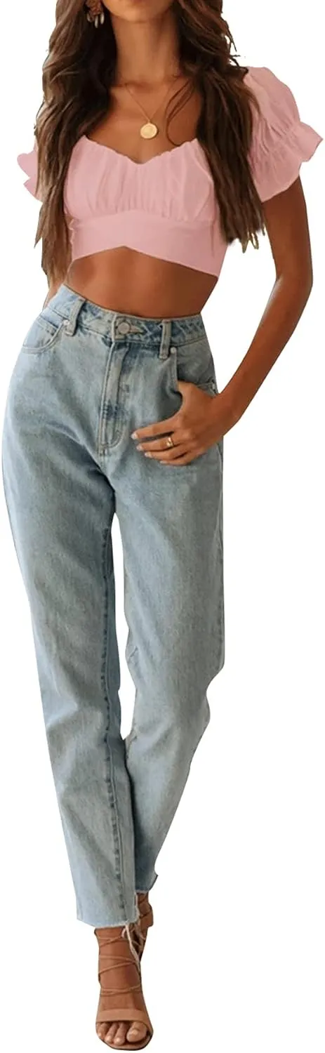 LYANER Women's Ruffle Short Sleeve Tie Up Back Crop Top Off Shoulder Bardot Blouse