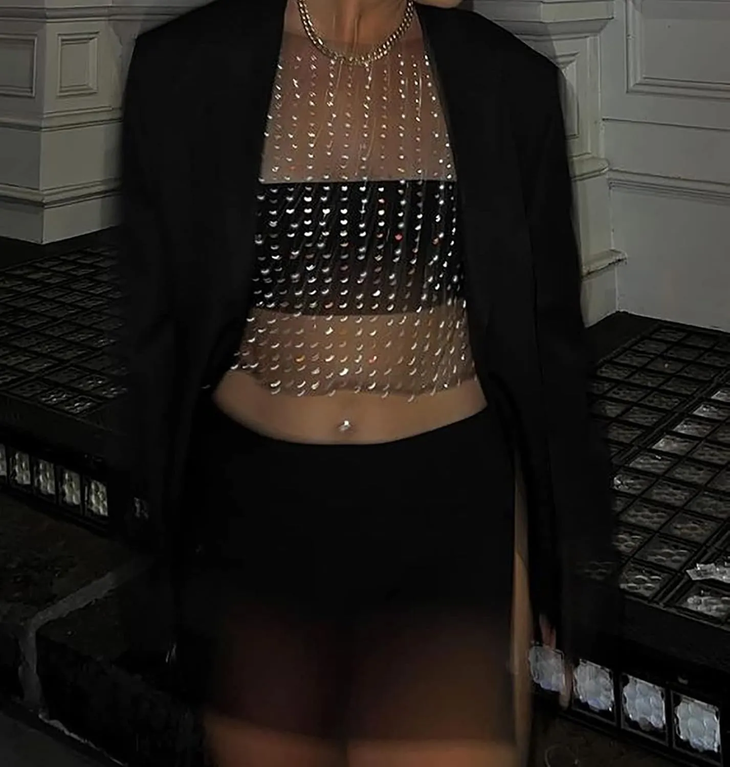 Meladyan Women Sexy Sheer Mesh Diamond Rhinestone Crop Tank See Through Hollow Out Sleeveless Crewneck Cropped Going Out Top