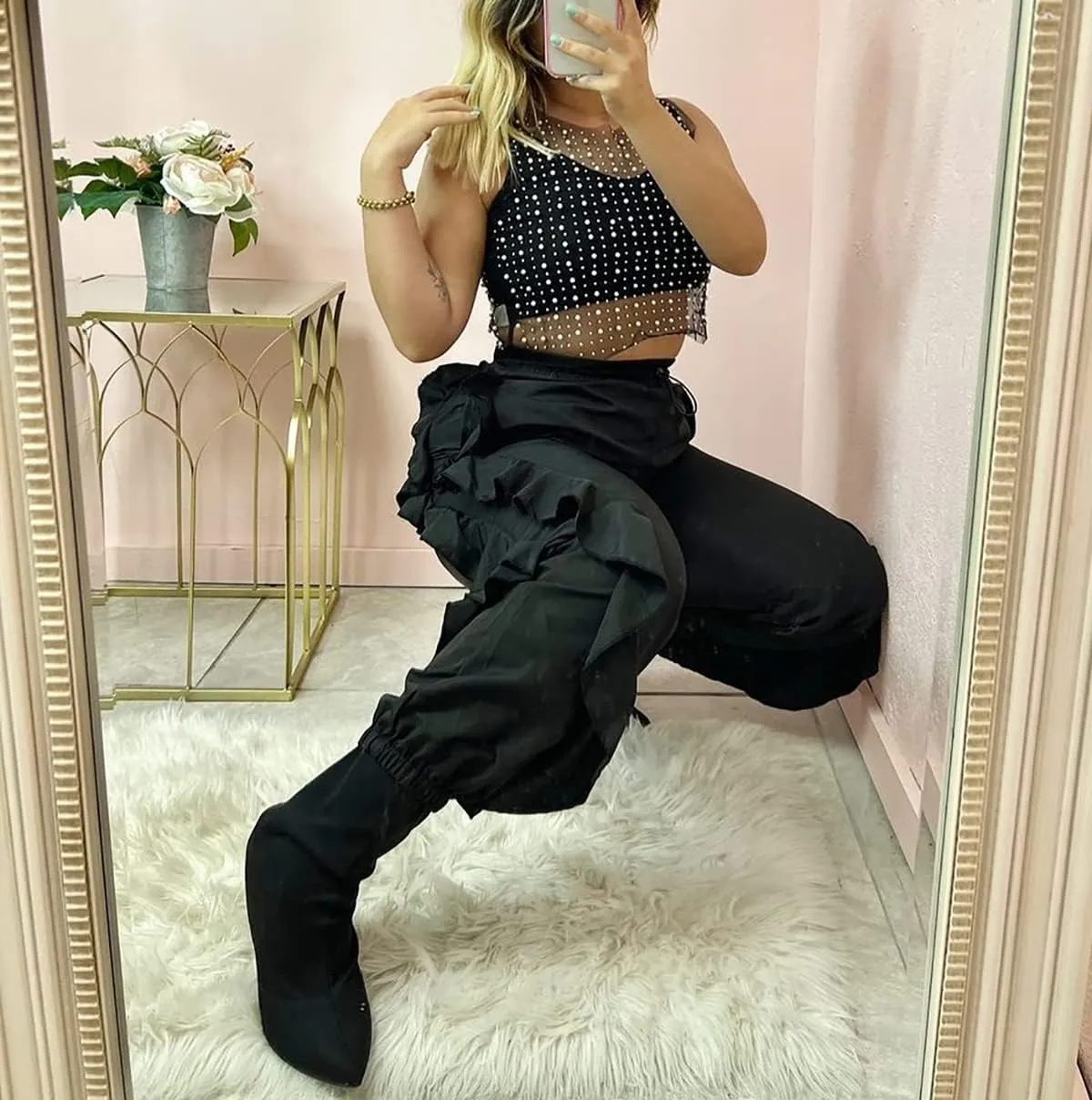 Meladyan Women Sexy Sheer Mesh Diamond Rhinestone Crop Tank See Through Hollow Out Sleeveless Crewneck Cropped Going Out Top