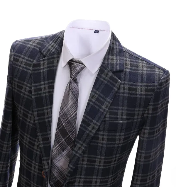 Men's Formal Plaid Navy Notch Lapel Blazer