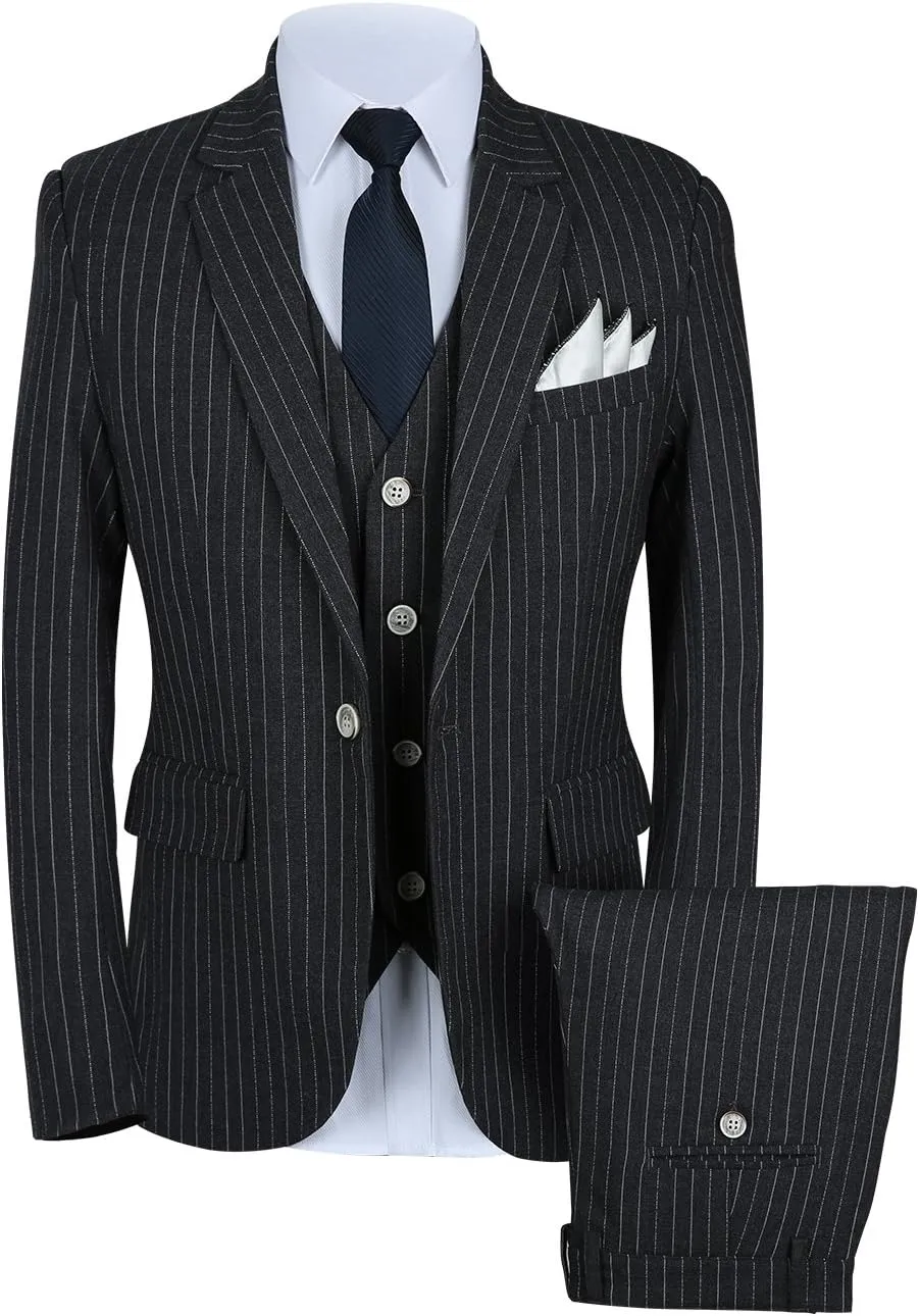 Mens Pinstripe Suit 3 Piece Slim Fit Casual Dress Suits Blazer Vest Pants