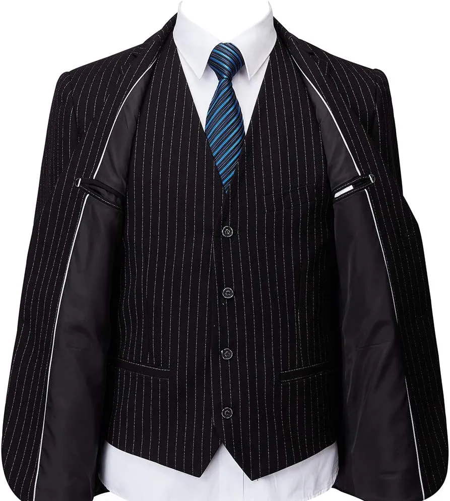 Mens Pinstripe Suit 3 Piece Slim Fit Casual Dress Suits Blazer Vest Pants