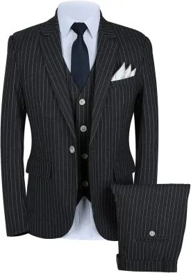 Mens Pinstripe Suit 3 Piece Slim Fit Casual Dress Suits Blazer Vest Pants
