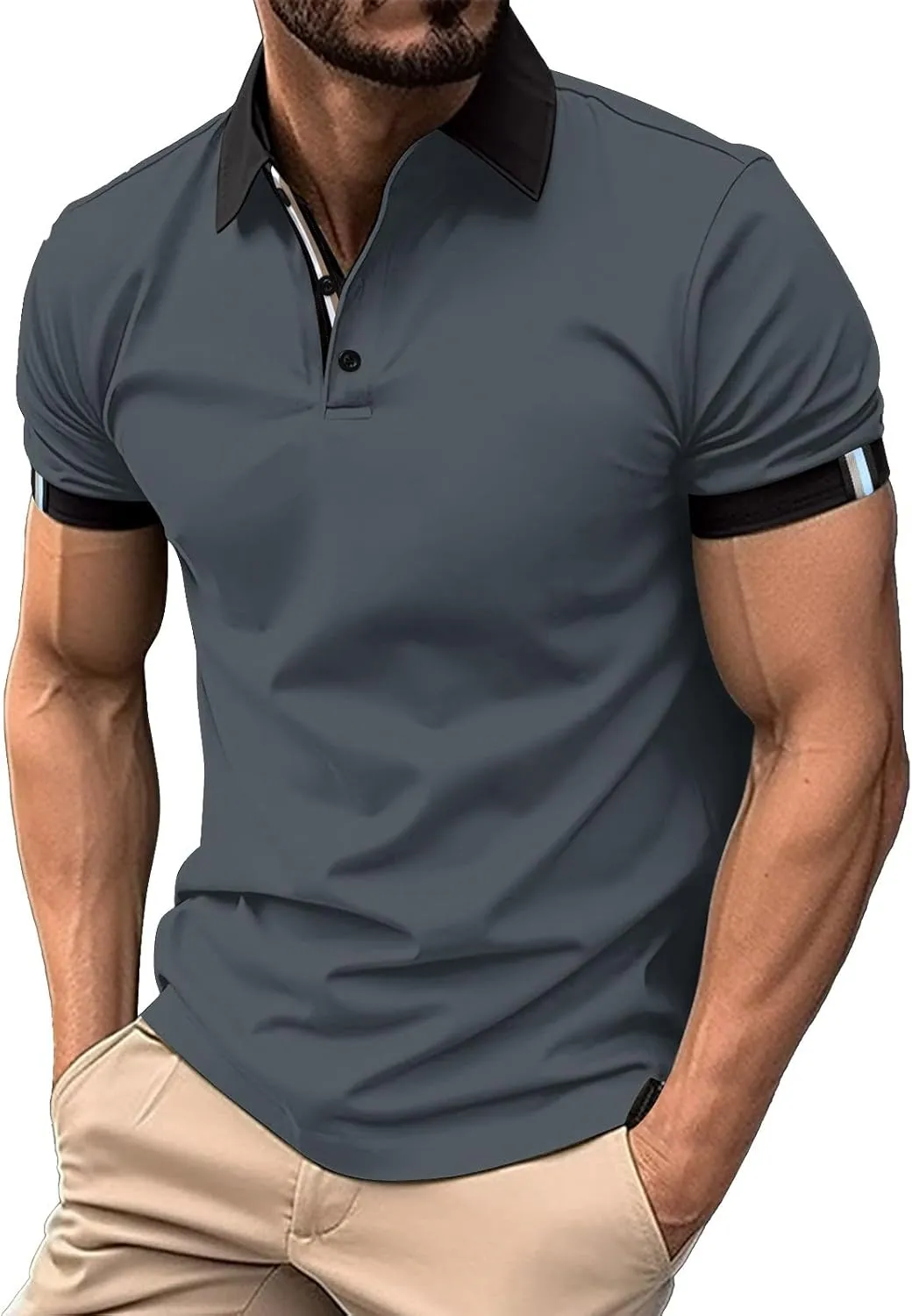 Men's Slim Fit Polo T-Shirts Fitness Stretchy Bodybuilding Athletic Collared Shirts Summer Cotton Tennis Golf Shirts