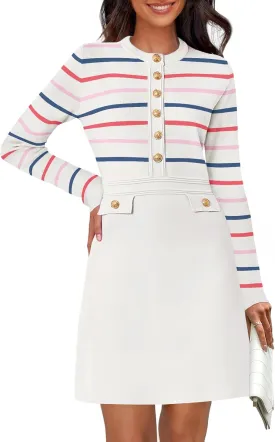 MEROKEETY Women's Long Sleeve Striped Sweater Dress Button Crewneck Fall Bodycon Formal Mini Dresses