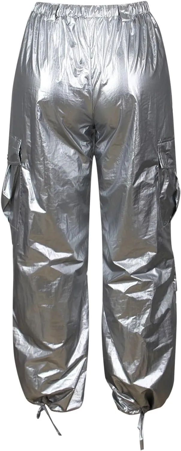 Metallic Shiny Parachute Pants for Women Drawstring Baggy Cargo Pants Jogger Straight Leg Parachute Pants Y2k Pants