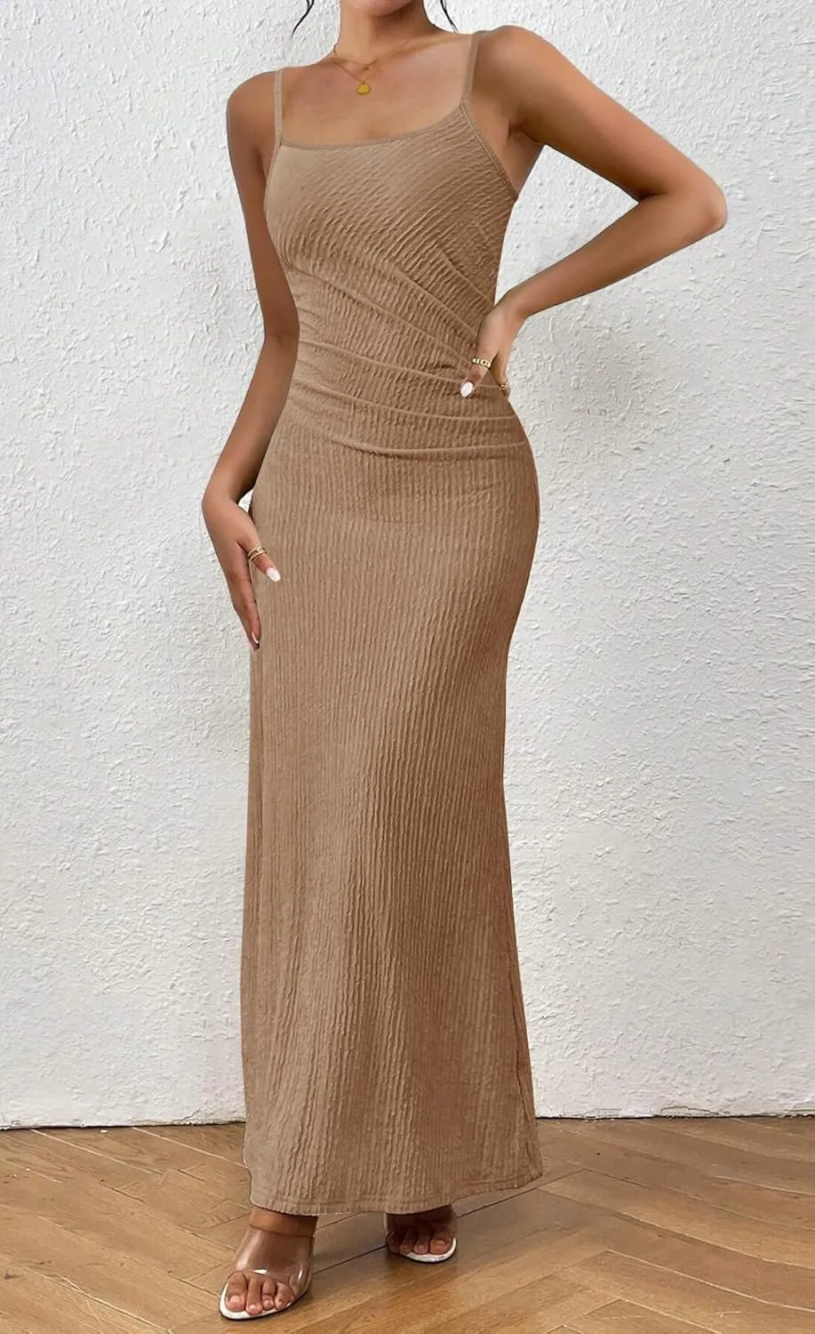 MITILLY Summer Slip Bodycon Maxi Dress Elegant Spaghetti Strap Textured Basic Sexy Ruched Dress for Women Cocktail Party