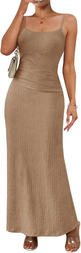 MITILLY Summer Slip Bodycon Maxi Dress Elegant Spaghetti Strap Textured Basic Sexy Ruched Dress for Women Cocktail Party