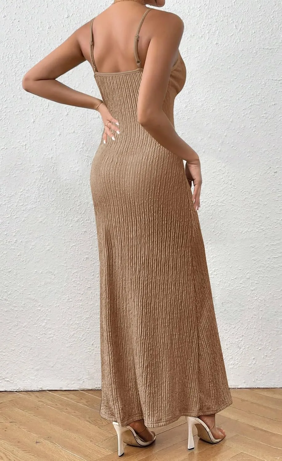 MITILLY Summer Slip Bodycon Maxi Dress Elegant Spaghetti Strap Textured Basic Sexy Ruched Dress for Women Cocktail Party