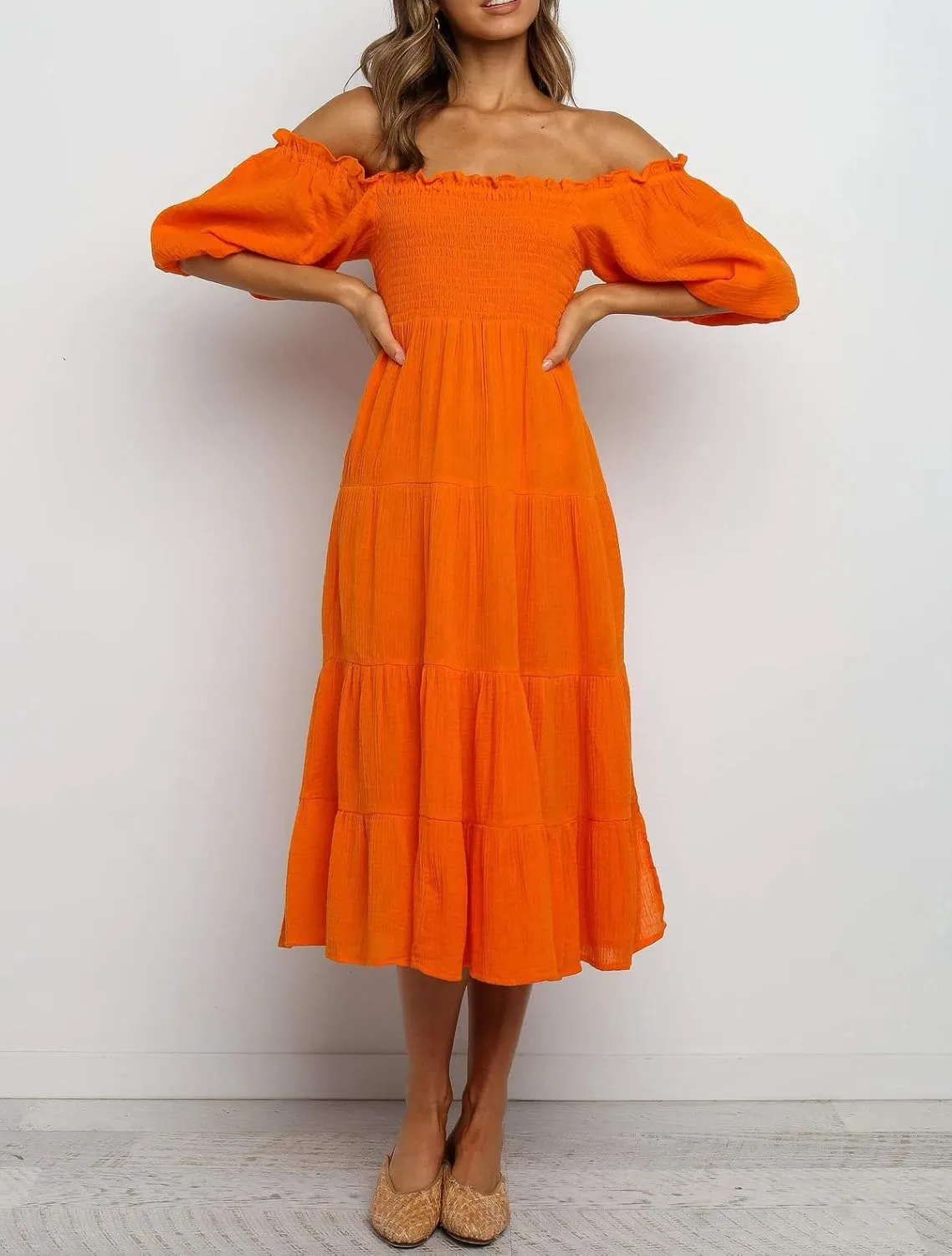 R.Vivimos Women's Summer Cotton Lantern Sleeves Ruffled Off Shoulder A-Line Midi Dresses