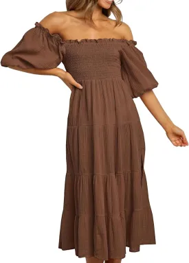 R.Vivimos Women's Summer Cotton Lantern Sleeves Ruffled Off Shoulder A-Line Midi Dresses