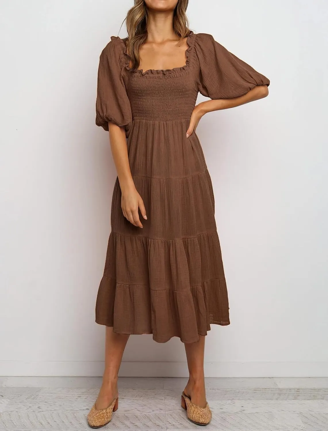 R.Vivimos Women's Summer Cotton Lantern Sleeves Ruffled Off Shoulder A-Line Midi Dresses