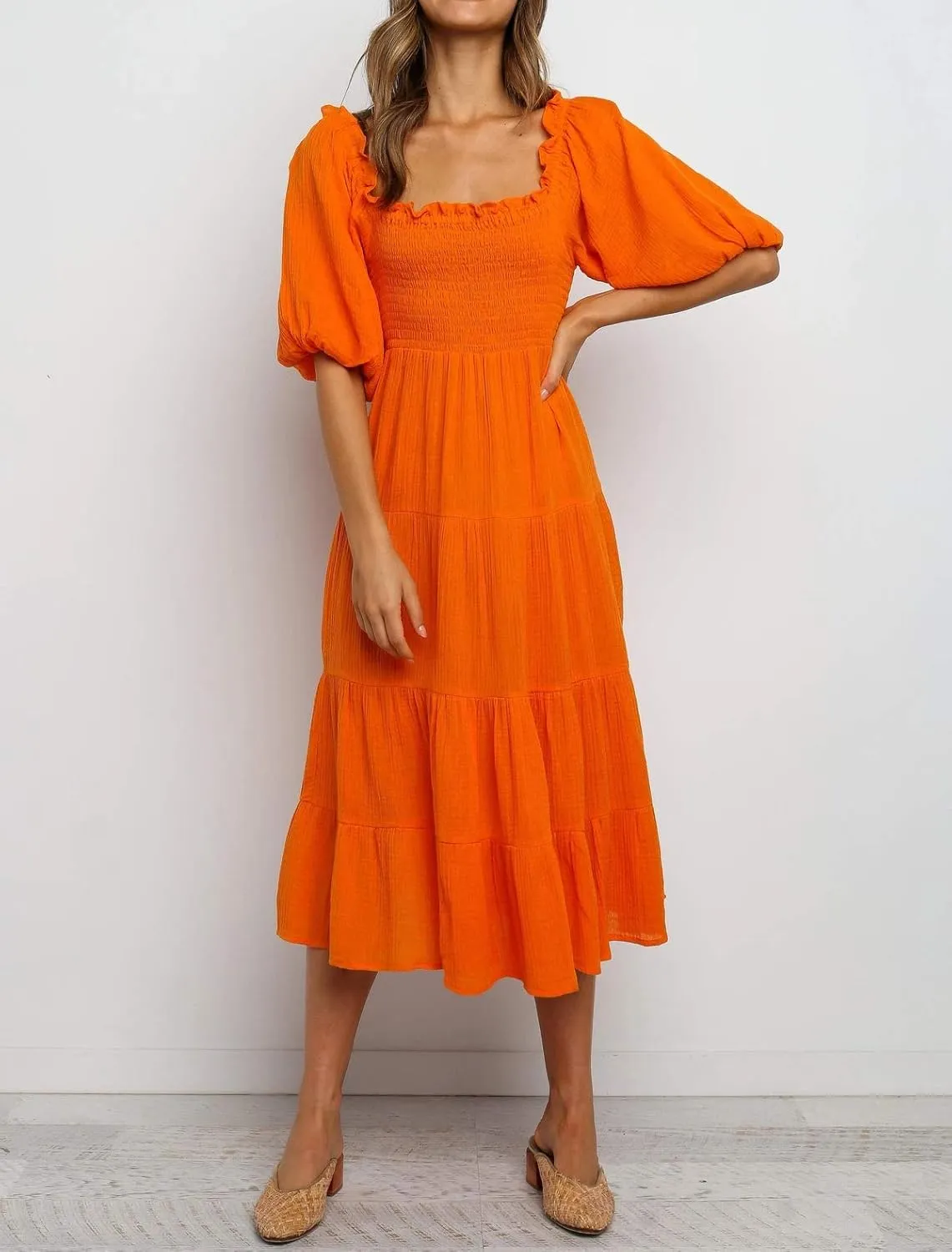 R.Vivimos Women's Summer Cotton Lantern Sleeves Ruffled Off Shoulder A-Line Midi Dresses