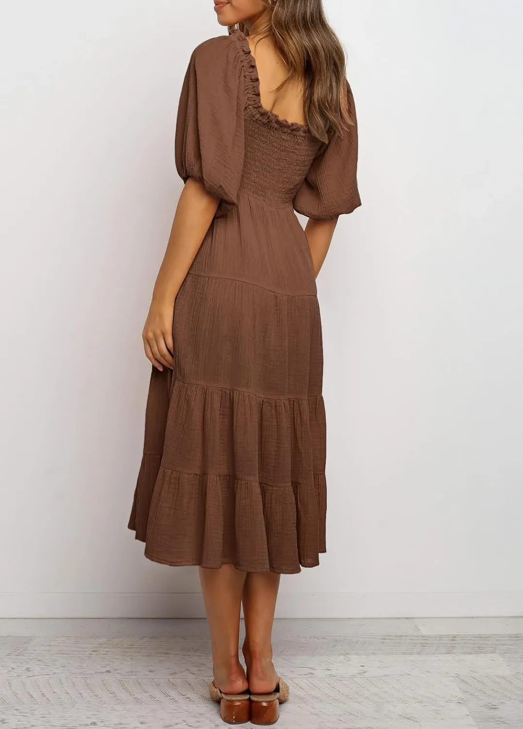R.Vivimos Women's Summer Cotton Lantern Sleeves Ruffled Off Shoulder A-Line Midi Dresses