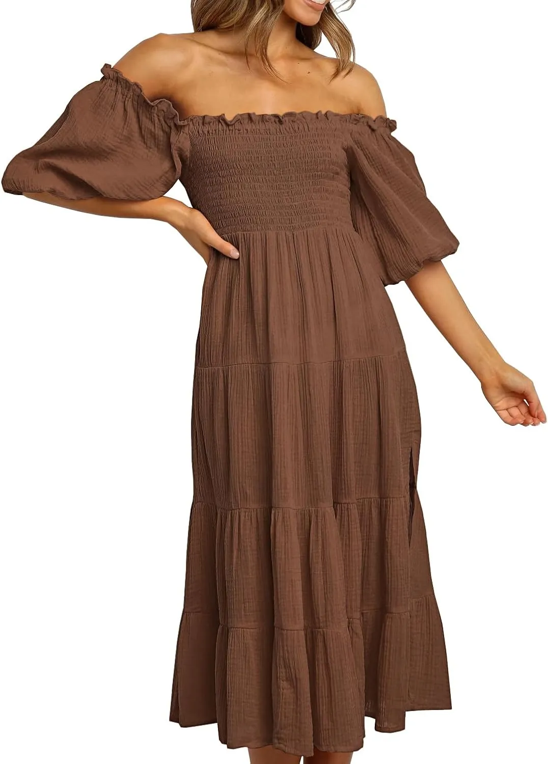 R.Vivimos Women's Summer Cotton Lantern Sleeves Ruffled Off Shoulder A-Line Midi Dresses