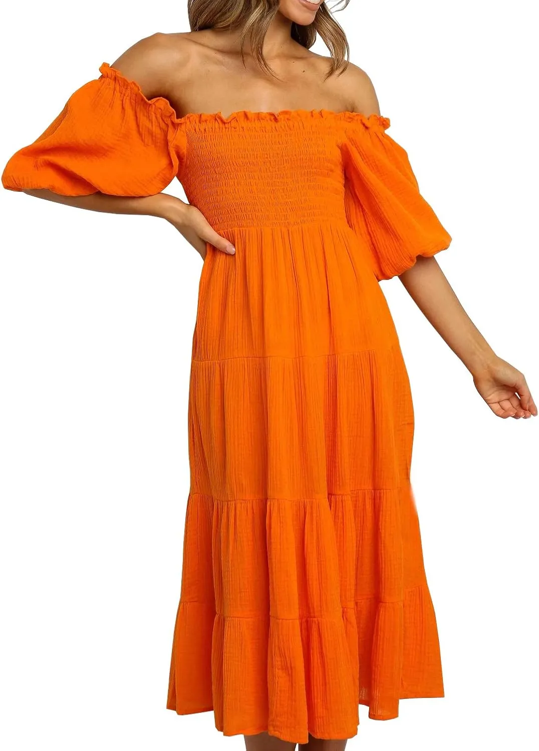 R.Vivimos Women's Summer Cotton Lantern Sleeves Ruffled Off Shoulder A-Line Midi Dresses