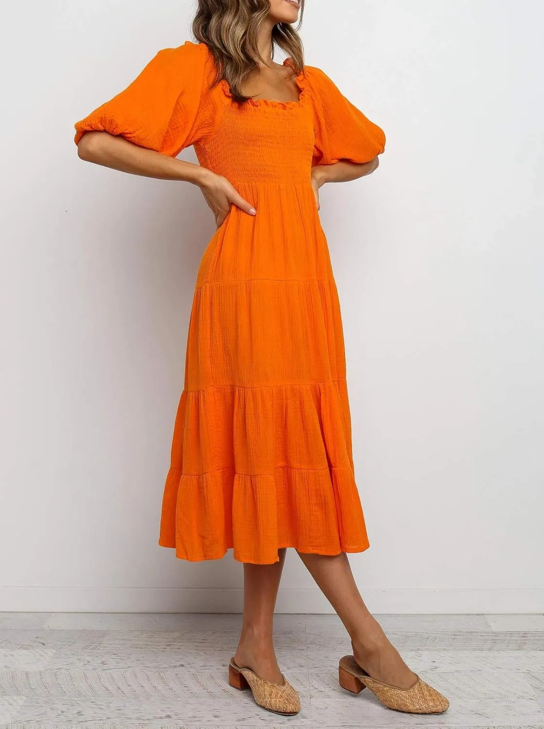 R.Vivimos Women's Summer Cotton Lantern Sleeves Ruffled Off Shoulder A-Line Midi Dresses