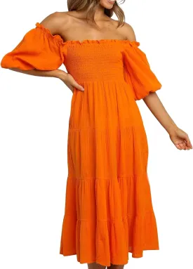 R.Vivimos Women's Summer Cotton Lantern Sleeves Ruffled Off Shoulder A-Line Midi Dresses