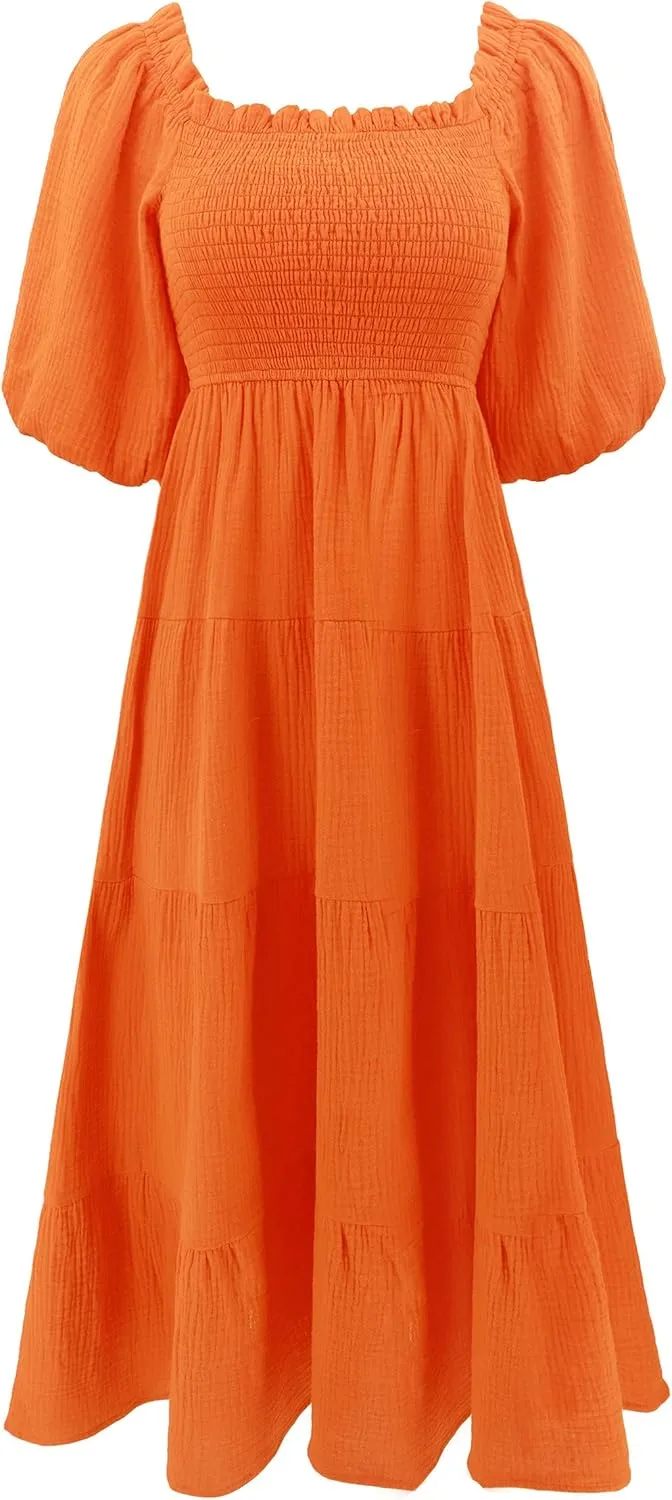 R.Vivimos Women's Summer Cotton Lantern Sleeves Ruffled Off Shoulder A-Line Midi Dresses