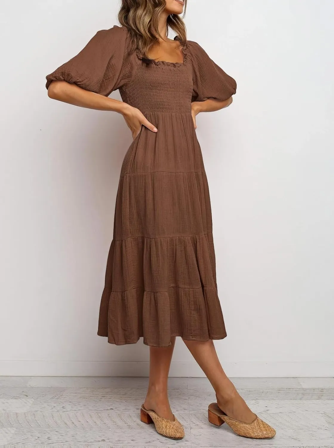 R.Vivimos Women's Summer Cotton Lantern Sleeves Ruffled Off Shoulder A-Line Midi Dresses