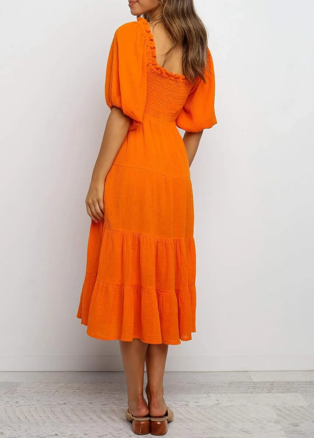 R.Vivimos Women's Summer Cotton Lantern Sleeves Ruffled Off Shoulder A-Line Midi Dresses