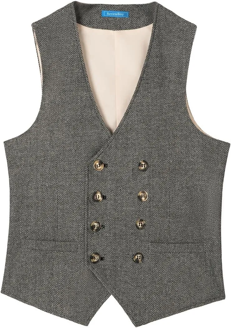 SevenBoy Men's Casual Suit Vest Regular Fit Wool Herringbone Waistcoat For Wedding and Party