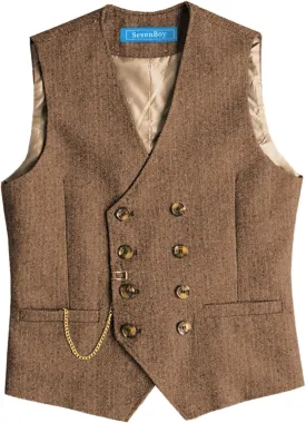 SevenBoy Men's Casual Suit Vest Regular Fit Wool Herringbone Waistcoat For Wedding and Party