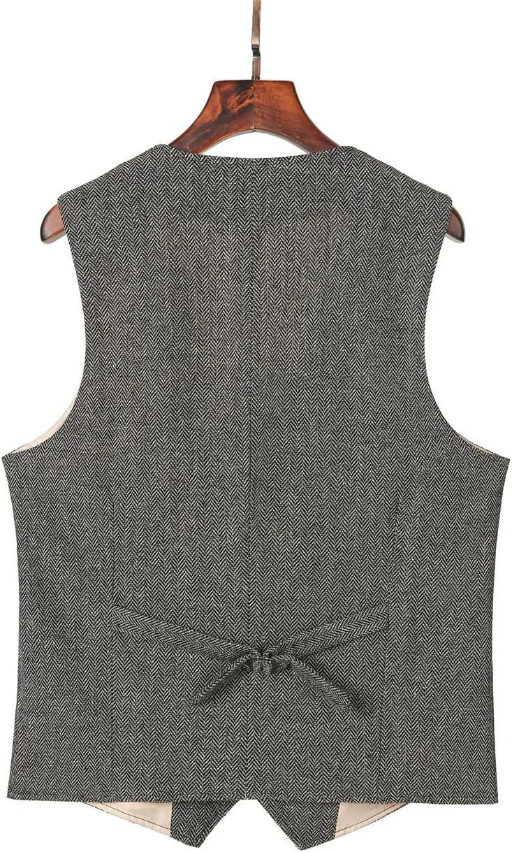 SevenBoy Men's Casual Suit Vest Regular Fit Wool Herringbone Waistcoat For Wedding and Party