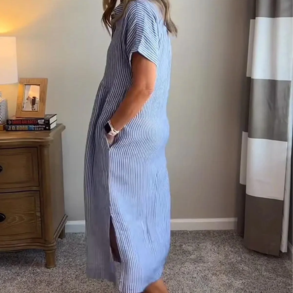 Striped Lapel Button Down Shirt Dress with Functional Pockets, Summer Casual Midi Short Sleeve Dresses Loose Beach Cover Up