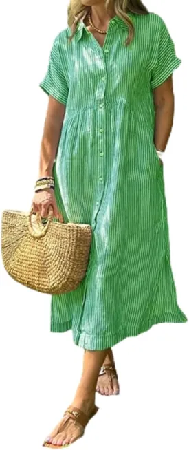Striped Lapel Button Down Shirt Dress with Functional Pockets, Summer Casual Midi Short Sleeve Dresses Loose Beach Cover Up