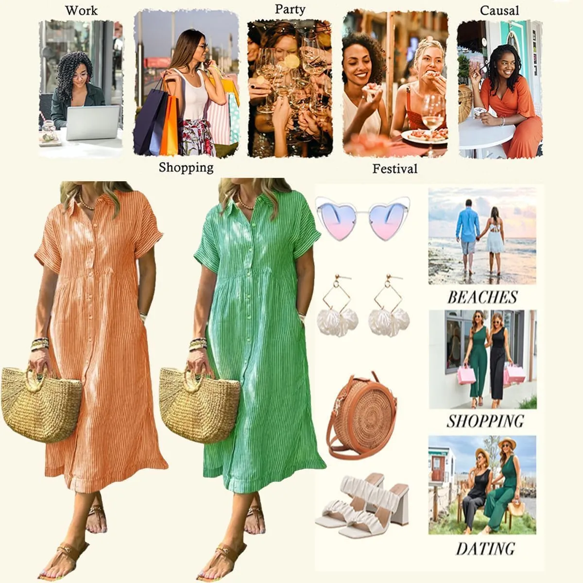 Striped Lapel Button Down Shirt Dress with Functional Pockets, Summer Casual Midi Short Sleeve Dresses Loose Beach Cover Up