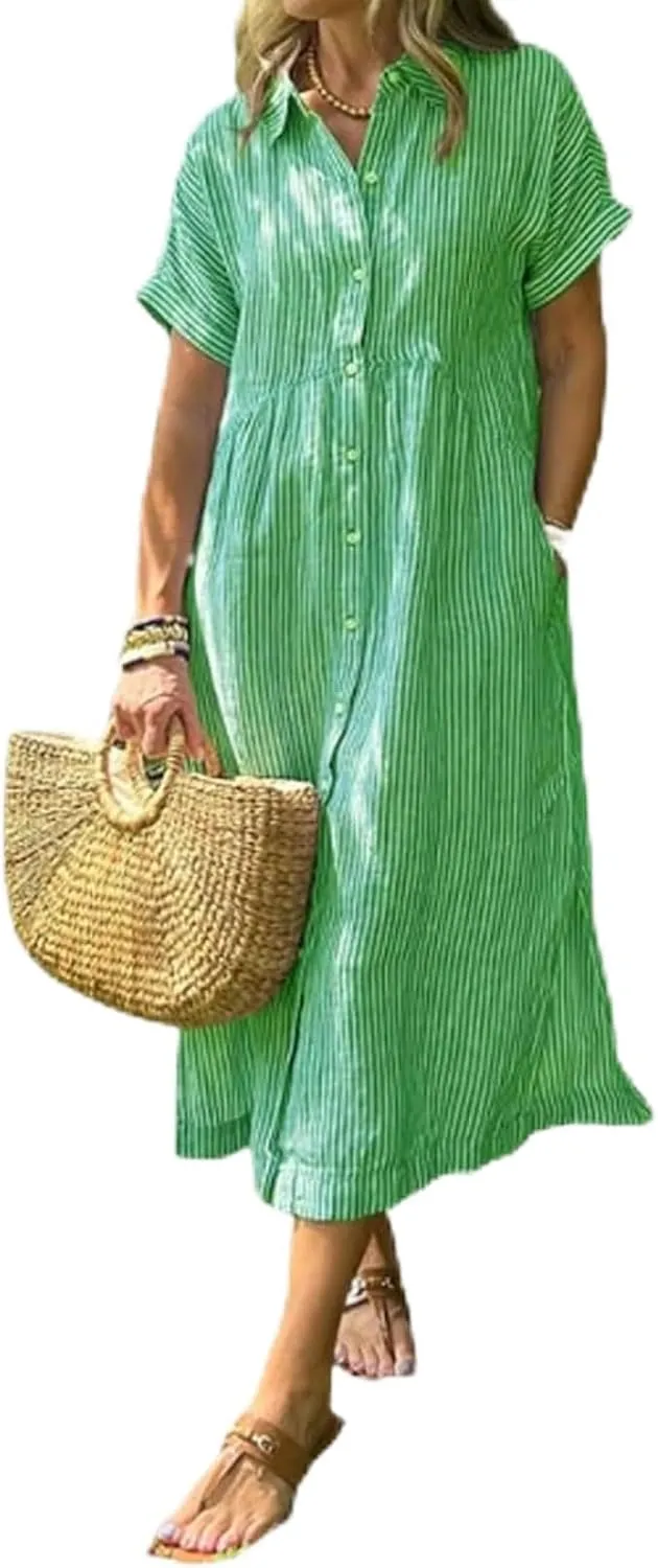 Striped Lapel Button Down Shirt Dress with Functional Pockets, Summer Casual Midi Short Sleeve Dresses Loose Beach Cover Up