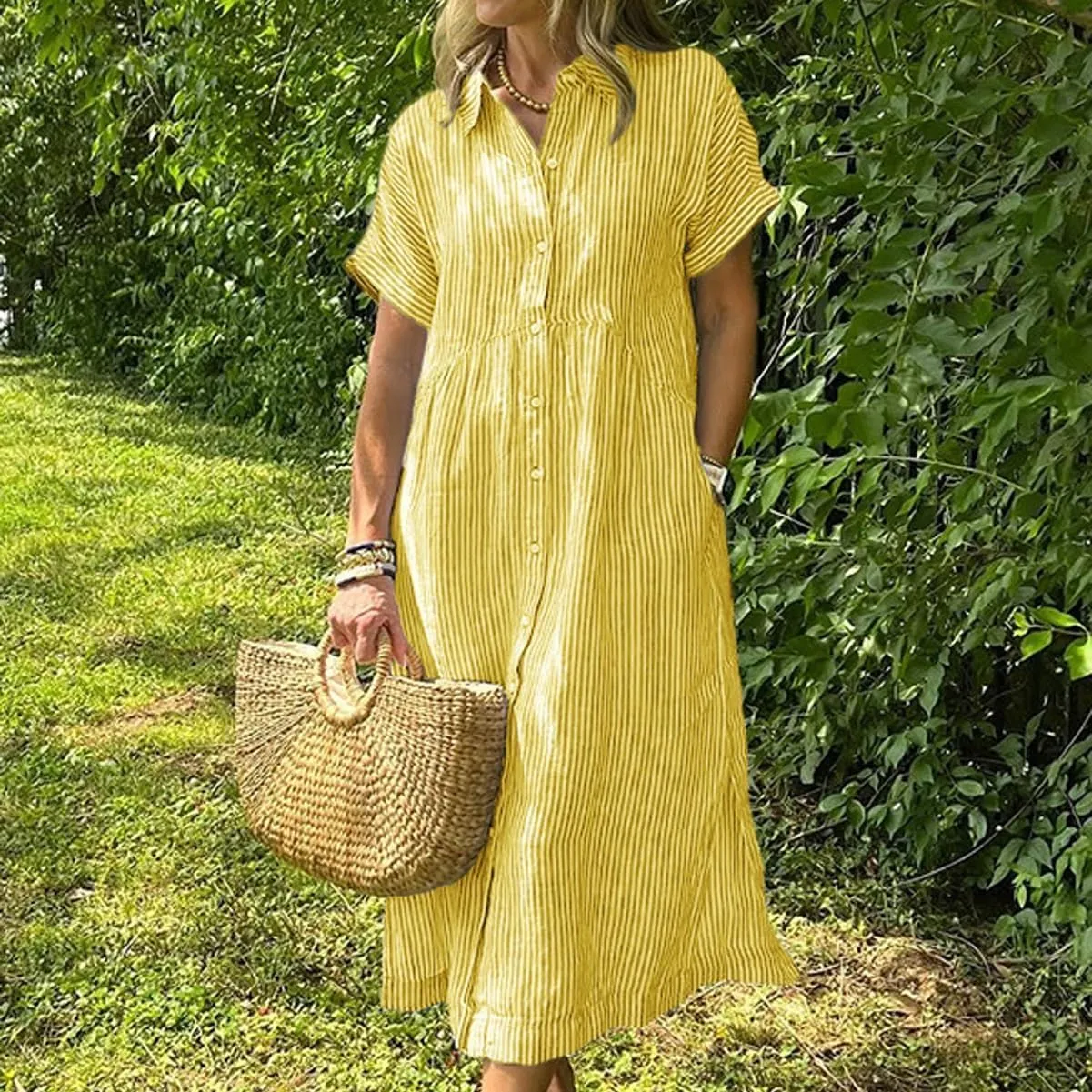 Striped Lapel Button Down Shirt Dress with Functional Pockets, Summer Casual Midi Short Sleeve Dresses Loose Beach Cover Up
