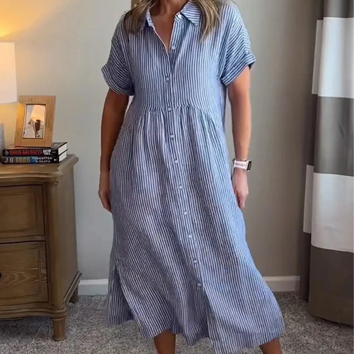 Striped Lapel Button Down Shirt Dress with Functional Pockets, Summer Casual Midi Short Sleeve Dresses Loose Beach Cover Up