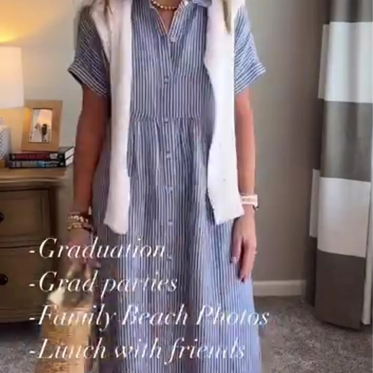 Striped Lapel Button Down Shirt Dress with Functional Pockets, Summer Casual Midi Short Sleeve Dresses Loose Beach Cover Up